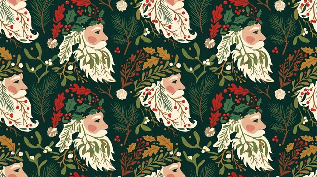 Vintage Father Christmas and botanical winter foliage seamless pattern