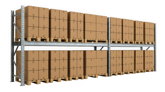 Warehouse metal shelving unit with stacked cardboard boxes on wooden pallets isolated on transparent background