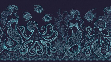 Obraz premium Seamless border pattern with fantasy mermaid, octopus, fish. Turquoise contour line drawing shows sea animals on dark indigo background. Ornate embroidery style decoration features nautical