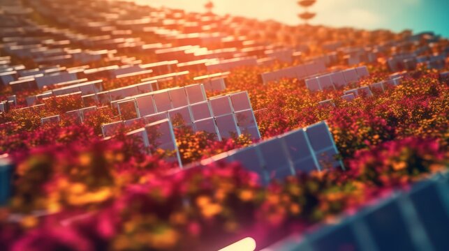 Abstract Digital Landscape of Futuristic Solar Panels and Organic Growth.