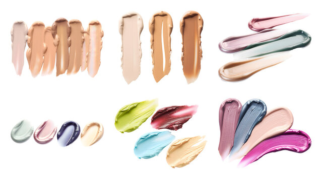 Cosmetic makeup foundation concealer color corrector cream and lipstick smudges isolated on transparent background showing various skin tones and vibrant hues for beauty design elements