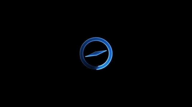 Glowing neon compass animation rotating on black background, for navigation and, travel concepts direction.
