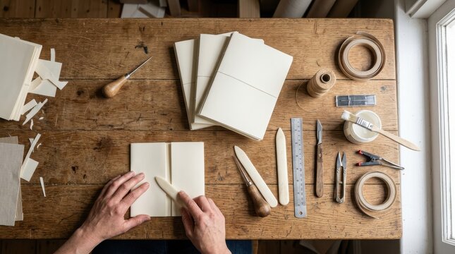 Hands crafting handmade books on a wooden workbench with tools and materials