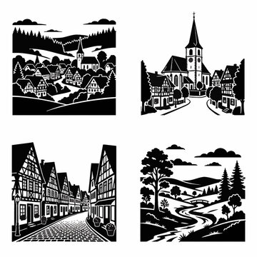 Picturesque vector illustration of the town of Rimbach, Germany, featuring traditional European architecture, a church steeple, and rolling green hills in a rural landscape.