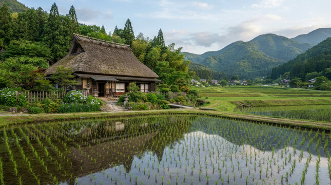 日本の茅葺屋根のある風景