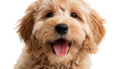 Fluffy golden apricot colored Labradoodle puppy face with open mouth and tongue © Maria