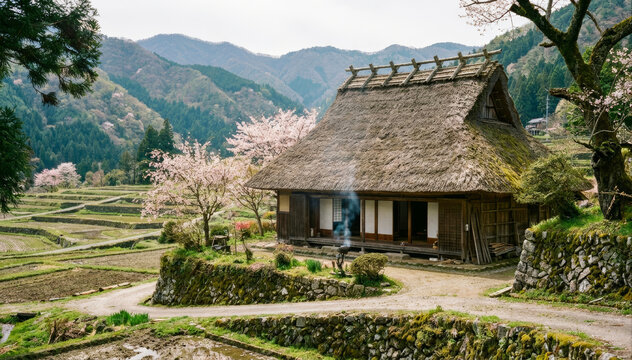日本の茅葺屋根のある風景