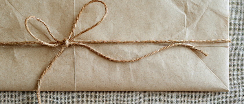 Wrapped Gift Parcel Box with Natural Twine Bow on Burlap
