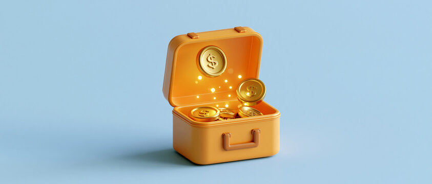 Cute Yellow Toy Chest Treasure Box on Minimalist Blue Background