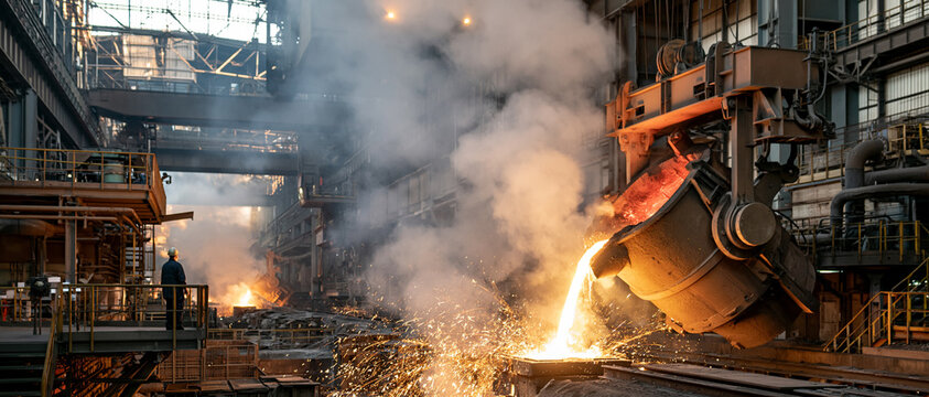 Molten Metal Pouring from Ladle in Heavy Steel Foundry Plant