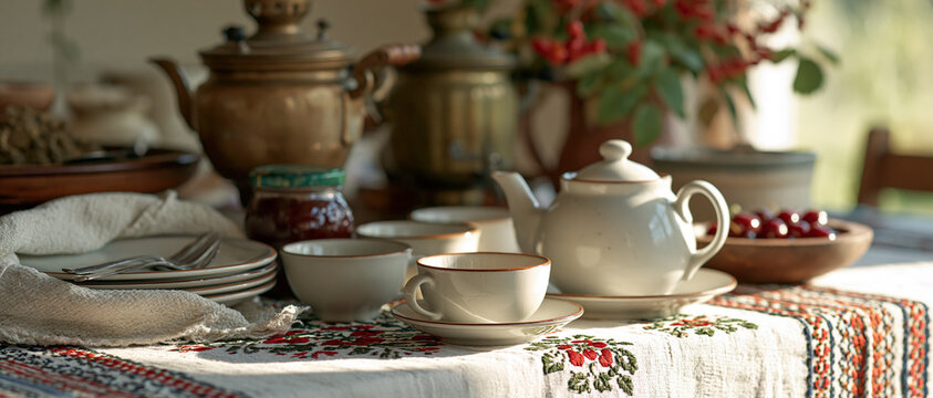 Cozy Morning Breakfast Buffet Table Spread with Dishes and Teapot
