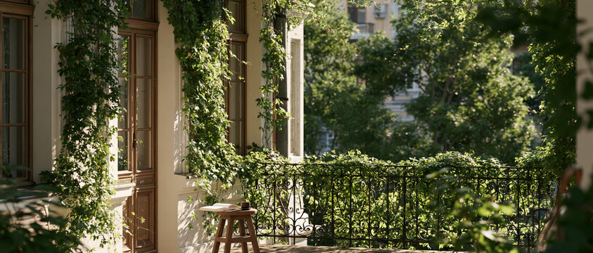 Scenic Country House Veranda View with Lush Green Garden