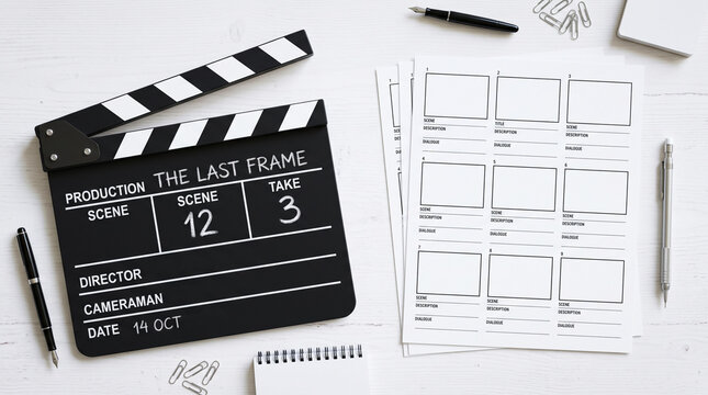 Clapperboard and storyboard on white wooden table, film production and visual storytelling