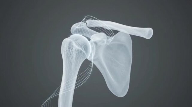 Rotating 3D X-ray scan of the human shoulder joint showing scapula and humerus bones, medical anatomy illustration animation on gray background, orthopedic examination concept