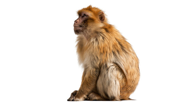 Barbary macaque monkey sitting in profile with thick golden brown fur