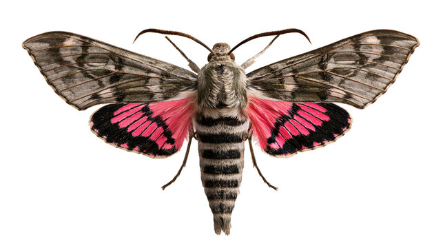 Privet hawk moth with grey patterned wings and vibrant pink underwings