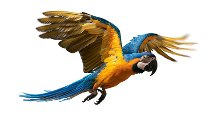 Blue and yellow macaw parrot flying with wings spread wide © Maria