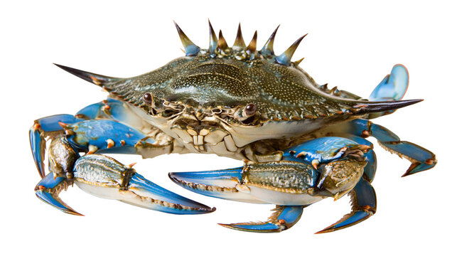 Spiny blue crab with sharp claws and textured carapace