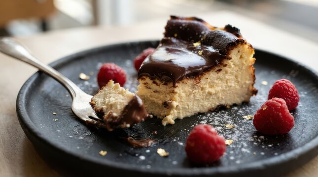 A slice of basque burnt cheesecake topped with chocolate ganache and gold leaf, served on a black plate with fresh raspberries
