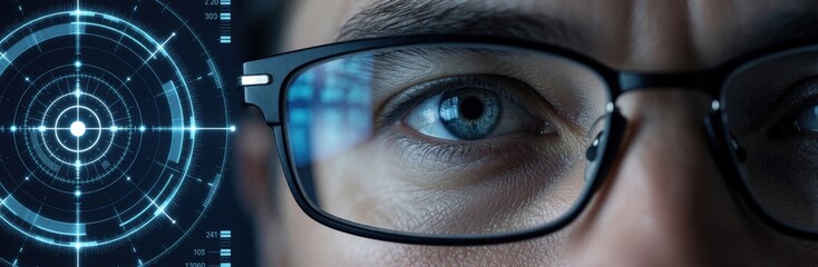 Obraz premium Close up of radar operator eye behind glasses. Military specialist analyzes drone detection data on digital tactical screen. Soldier monitors UAV movement using advanced surveillance system,