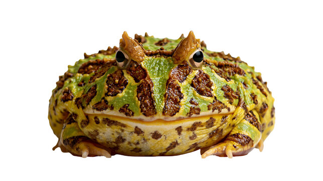 Green and brown ornate horned frog with bumpy skin and prominent eye ridges