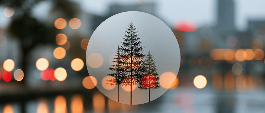 Christmas Tree in Snow Cityscape Winter View