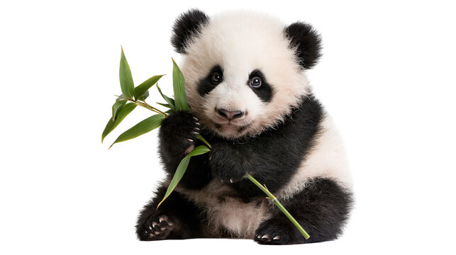 Fluffy giant panda cub sitting and holding a fresh green bamboo branch