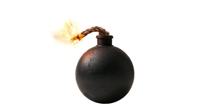 Round black iron bomb with a burning lit fuse