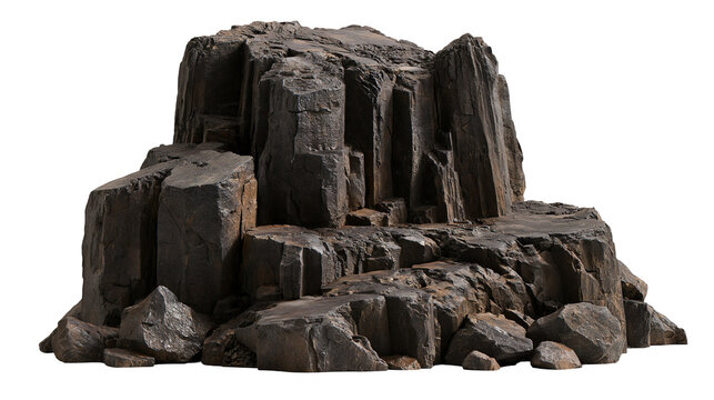 Jagged dark basalt rock formation with vertical columnar jointing and rough texture