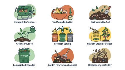 Fototapeta premium Home composting and organic waste recycling icon set.
