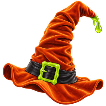 Orange witch hat with green buckle and bent pointed tip