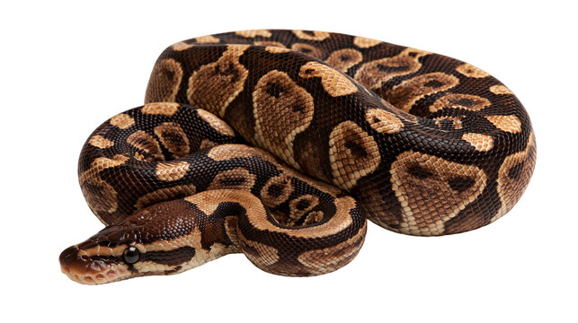 Coiled brown and black patterned ball python snake with smooth scales