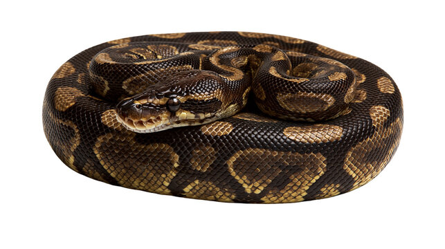 Coiled brown and black patterned ball python snake