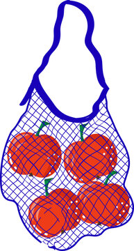 Blue mesh eco produce bag filled with ripe red apples, vector illustration isolated on a white background for eco-friendly lifestyle and zero waste design