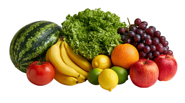Fresh assorted fruits and vegetables including watermelon bananas, and lettuce
