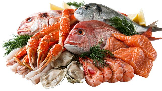 Fresh raw seafood platter with king crab legs salmon fillets, shrimp and fish