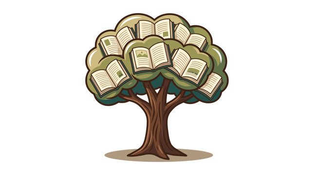 Conceptual tree illustration featuring open books as foliage symbolizing knowledge growth and education resources