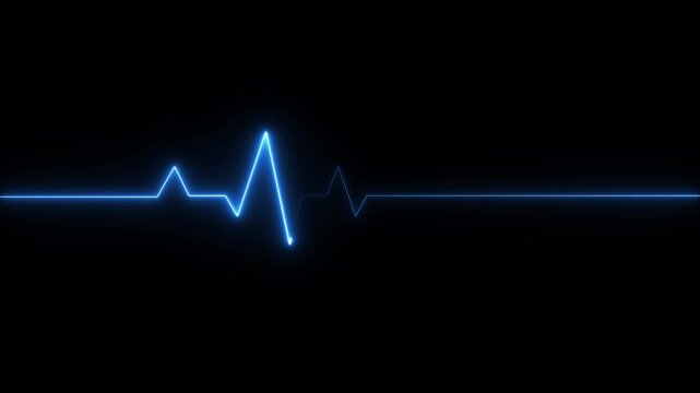 Neon glowing heartbeat pulse line animation. glowing line animation on black background blue heart 4k video.