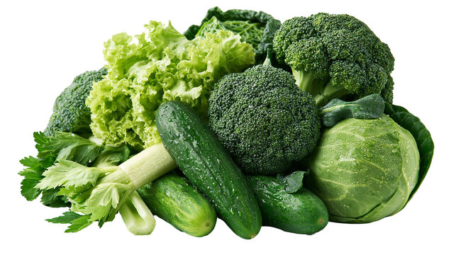 Fresh green vegetables including broccoli cucumber lettuce, cabbage and celery
