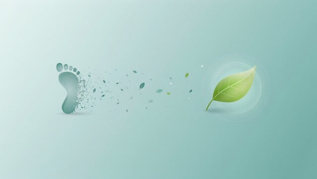 Footprint dissolving into green leaves on a soft light blue background representing ecological sustainability concept with stylized footprint disintegrates