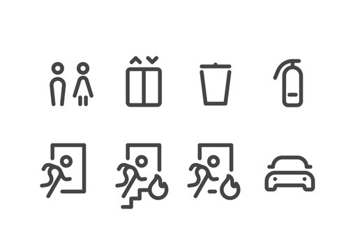 Minimal emergency and facility signage pictogram icon set featuring restroom, elevator, trash bin, fire extinguisher, emergency exit, evacuation, fire escape and parking symbols in stroke
