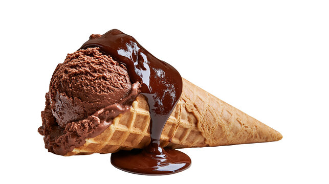 Chocolate ice cream scoop in a crispy waffle cone with thick liquid fudge sauce