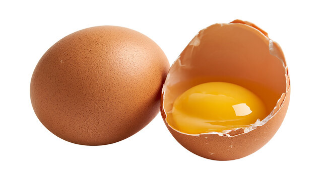 Whole brown chicken egg and a cracked eggshell with a raw golden yolk inside