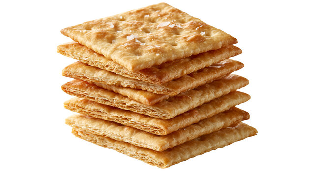 Stacked square salted soda crackers with visible coarse salt crystals