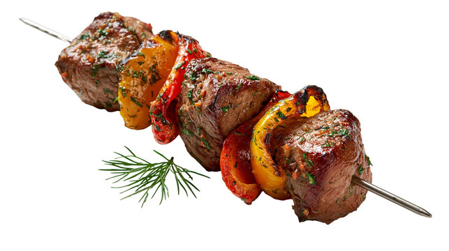 Grilled beef shish kebab skewer with charred yellow and red bell peppers