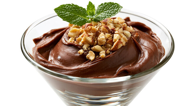 Creamy chocolate pudding topped with chopped hazelnuts and fresh mint in a bowl