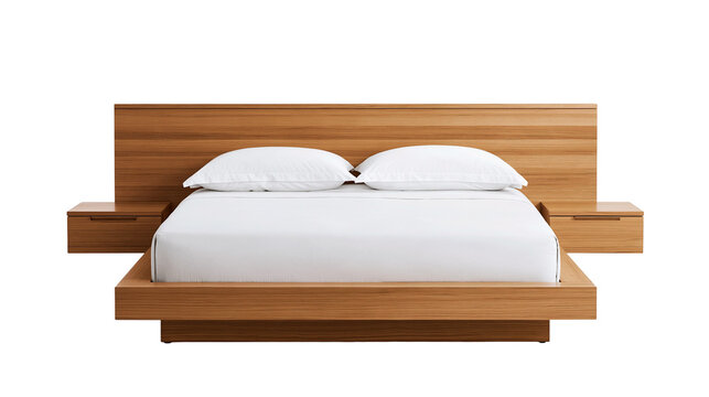 Modern wooden platform bed with integrated headboard and two floating nightstands