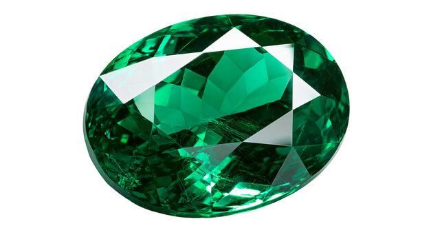 Oval cut vibrant green emerald gemstone with faceted surface
