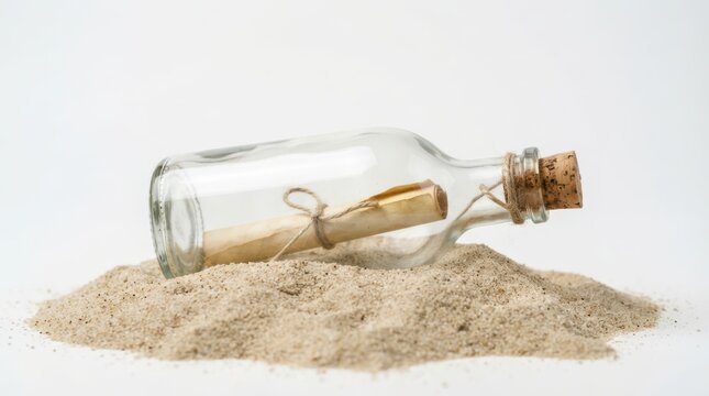 A message in a bottle with a rolled parchment scroll inside, resting on a pile of sand, isolated on white background