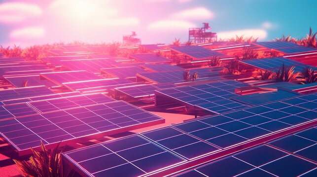 Vast Solar Panel Array Under Pink and Blue Sky.